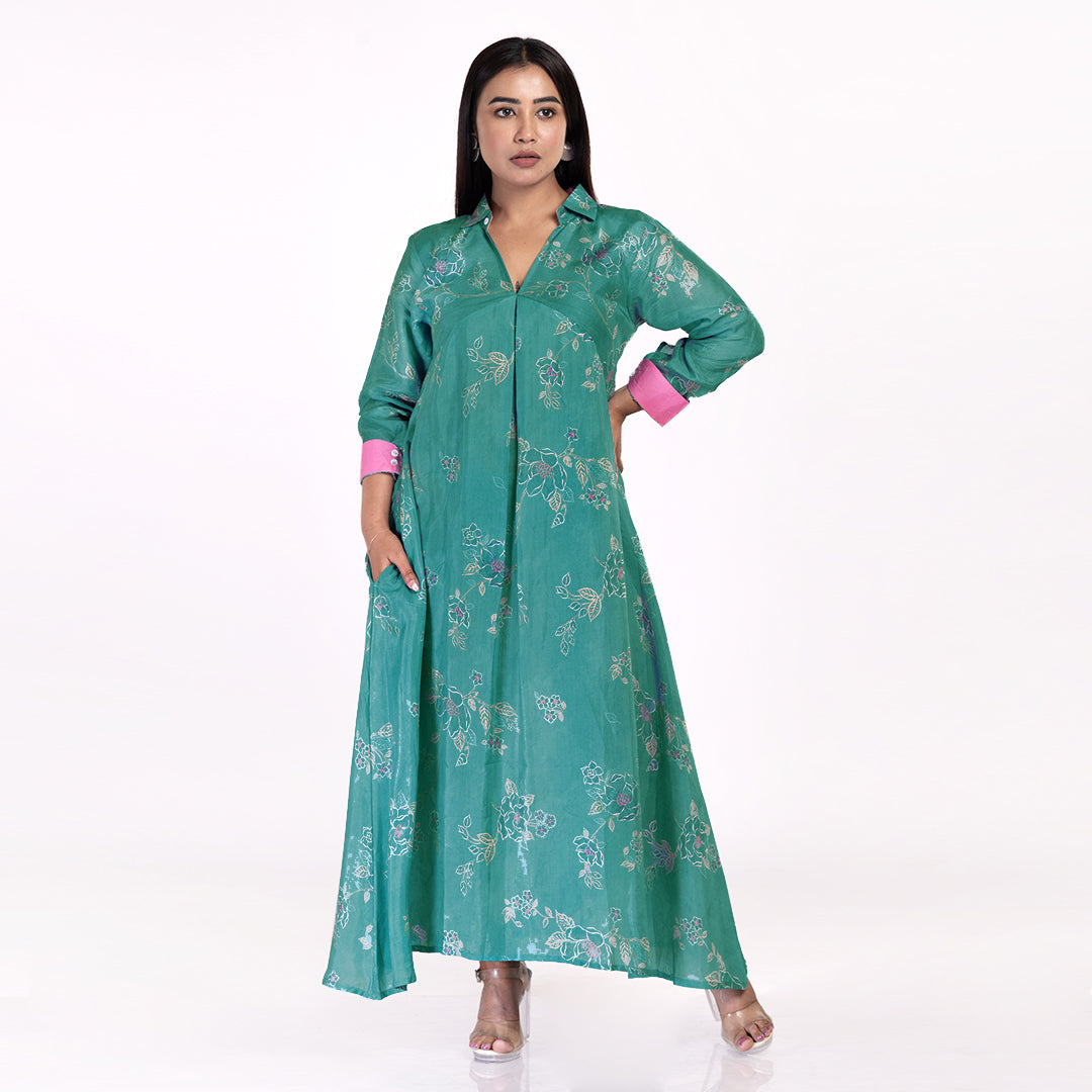 Women's Elegant Green Floral Maxi Dress with Collar – Stylish Long A-Line Dress with Pink Cuffs | Ethnic Fusion Wear
