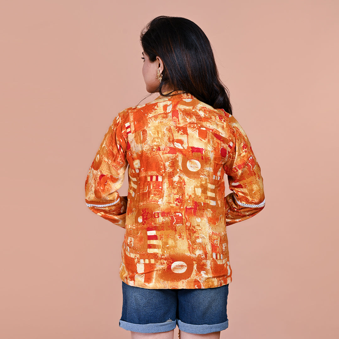 STYLOOO Orange Abstract Print Drawstring Top - Women's Long Sleeve Button-Down Top