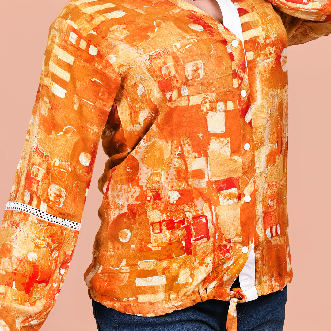 STYLOOO Orange Abstract Print Drawstring Top - Women's Long Sleeve Button-Down Top