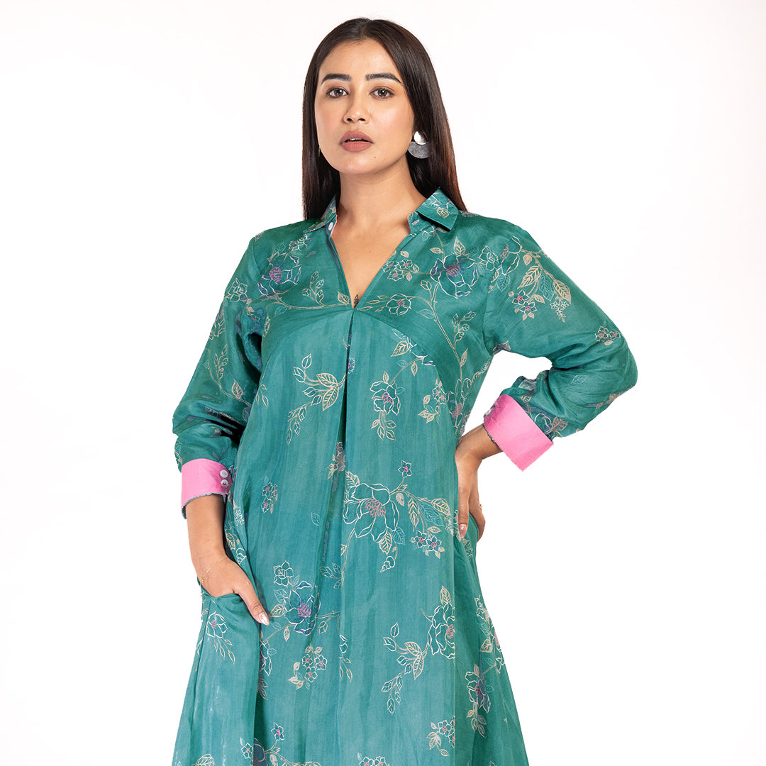 Women's Elegant Green Floral Maxi Dress with Collar – Stylish Long A-Line Dress with Pink Cuffs | Ethnic Fusion Wear