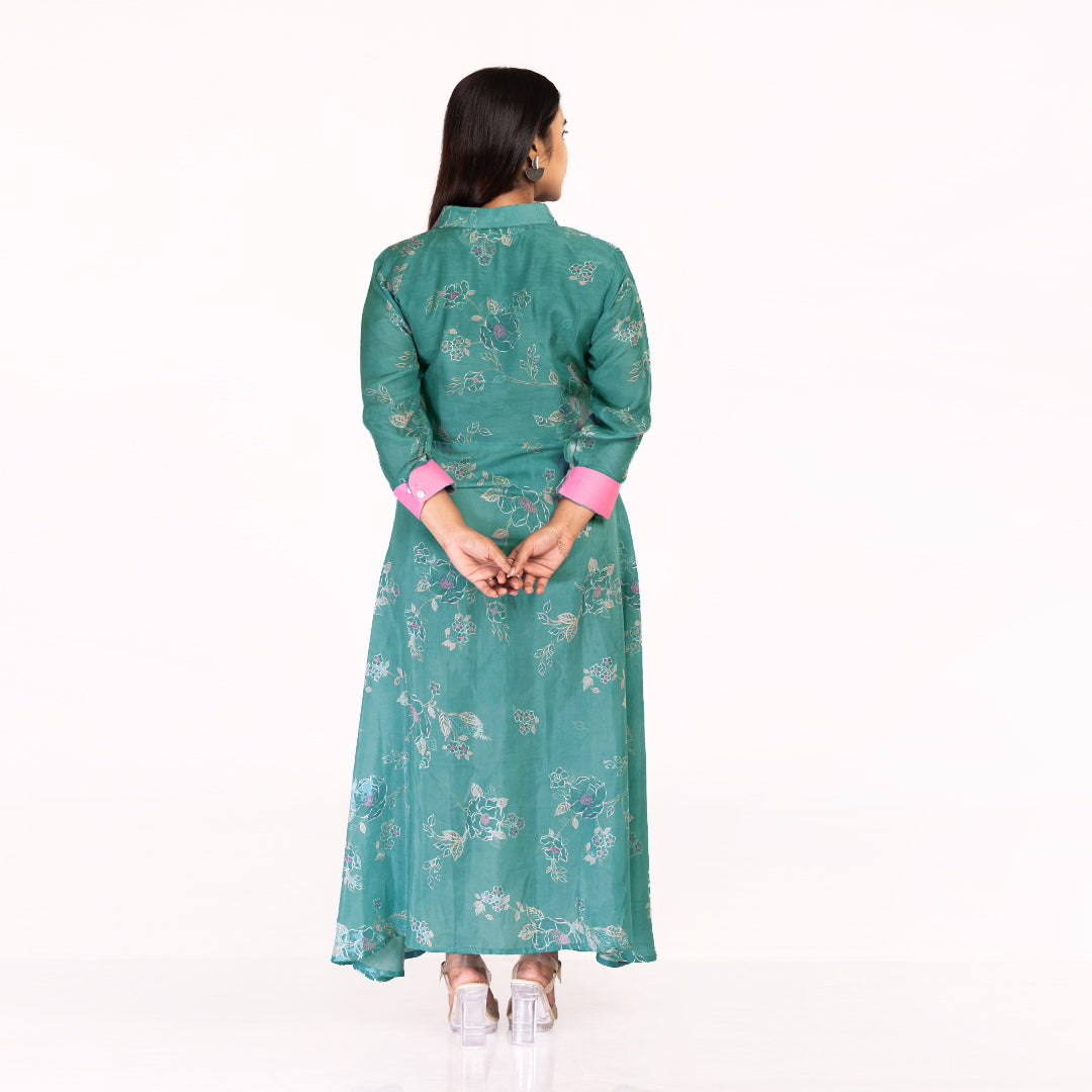 Women's Elegant Green Floral Maxi Dress with Collar – Stylish Long A-Line Dress with Pink Cuffs | Ethnic Fusion Wear