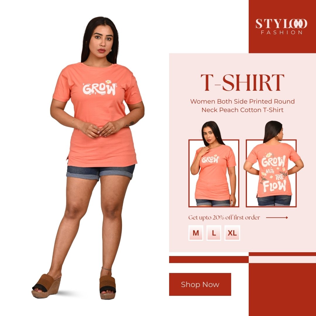 Women Both Side Printed Round Neck Peach Cotton T-Shirt (TSH-W-008)