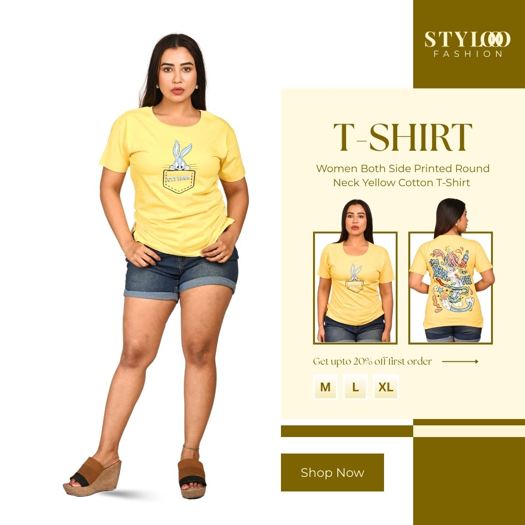 Women Both Side Printed Round Neck Yellow Cotton T-Shirt (TSH-W-020)