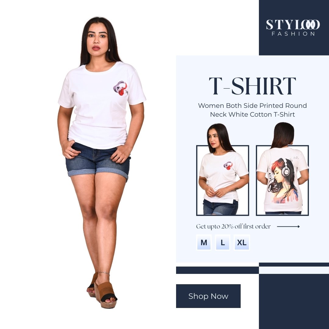 Women Both Side Printed Round Neck White Cotton T-Shirt (TSH-W-011)