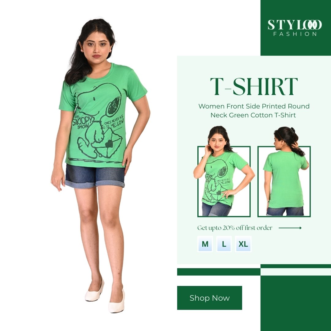Women Front Side Printed Round Neck Green Cotton T-Shirt (TSH-W-012)