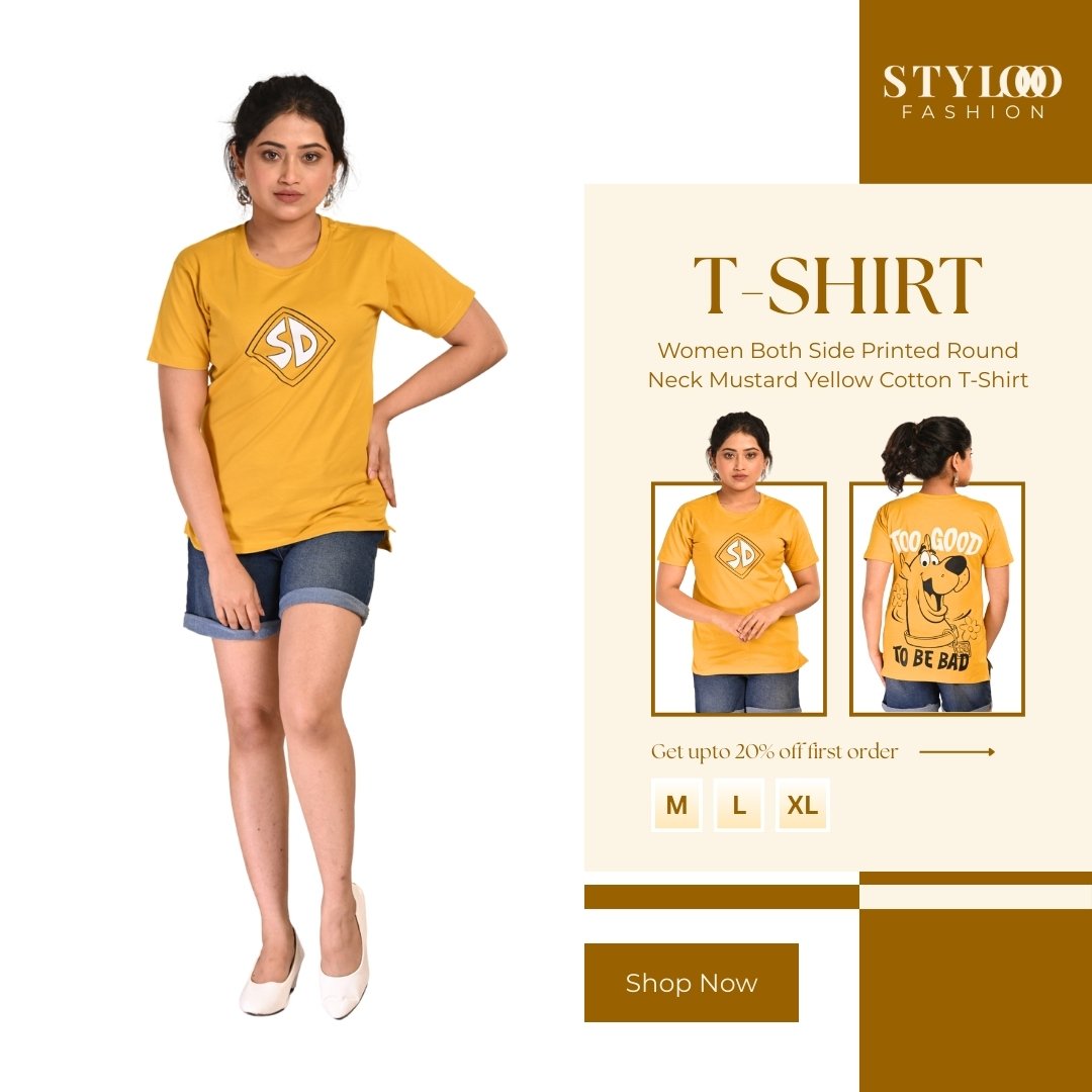 Women Both Side Printed Round Neck Mustard Yellow Cotton T-Shirt (TSH-W-007)