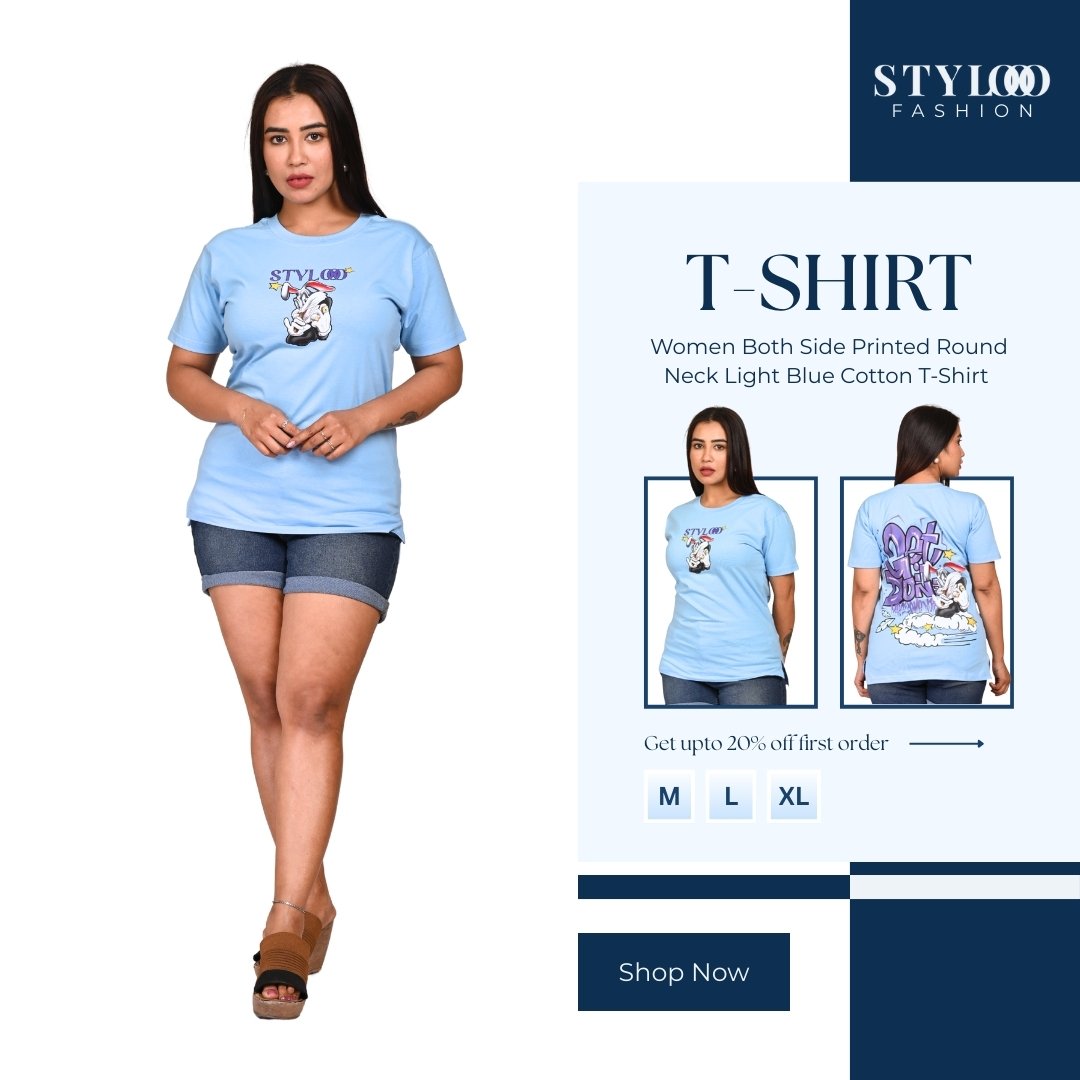 Women Both Side Printed Round Neck Light Blue Cotton T-Shirt (TSH-W-013)