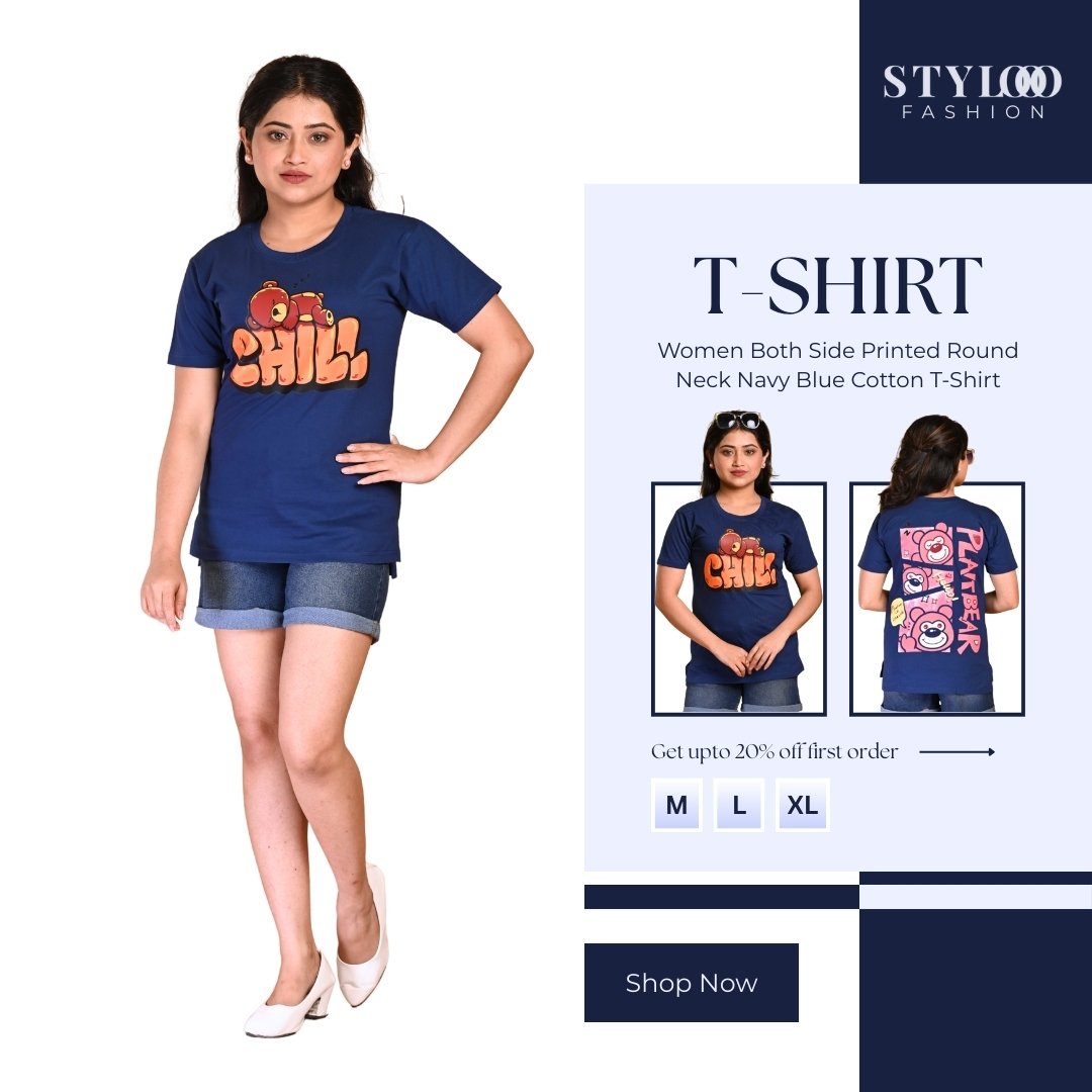 Women Both Side Printed Round Neck Navy Blue Cotton T-Shirt (TSH-W-022)