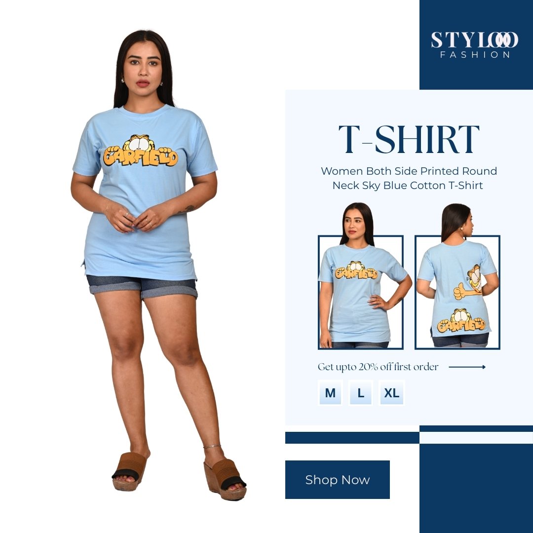  Women Both Side Printed Round Neck Sky Blue Cotton T-Shirt (TSH-W-019)