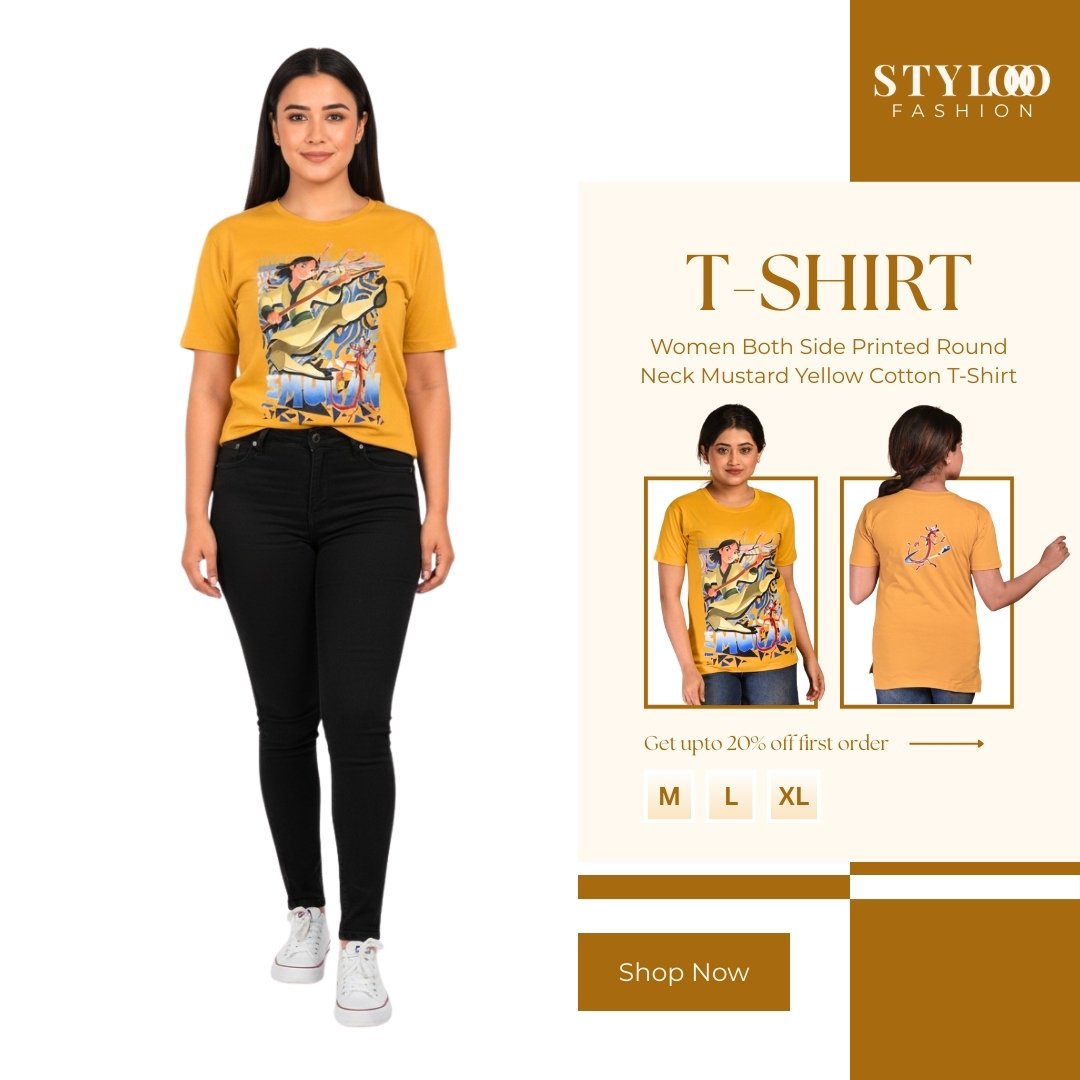 Women Both Side Printed Round Neck Mustard Yellow Cotton T-Shirt (TSH-W-014)