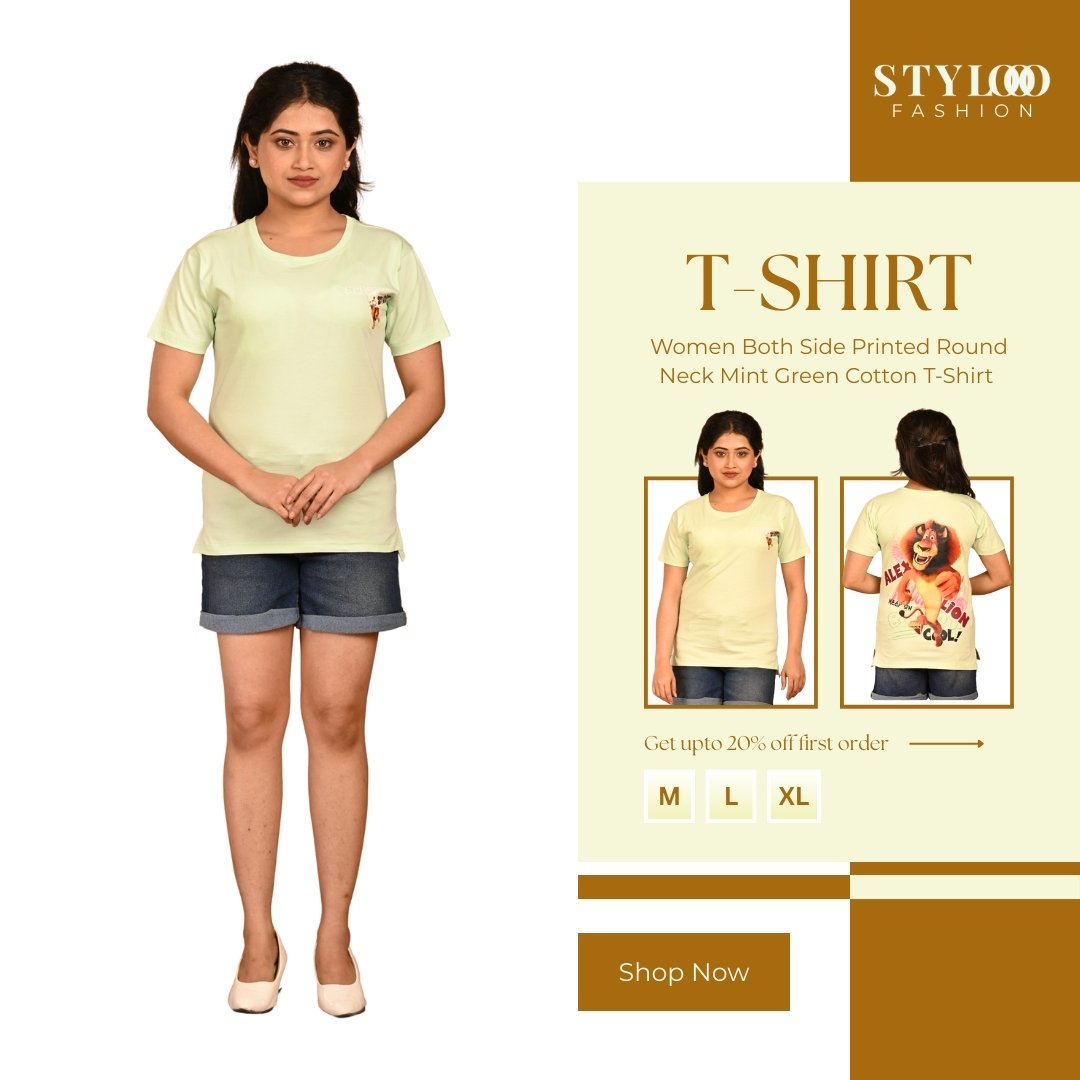 Women Both Side Printed Round Neck Mint Green Cotton T-Shirt (TSH-W-015)