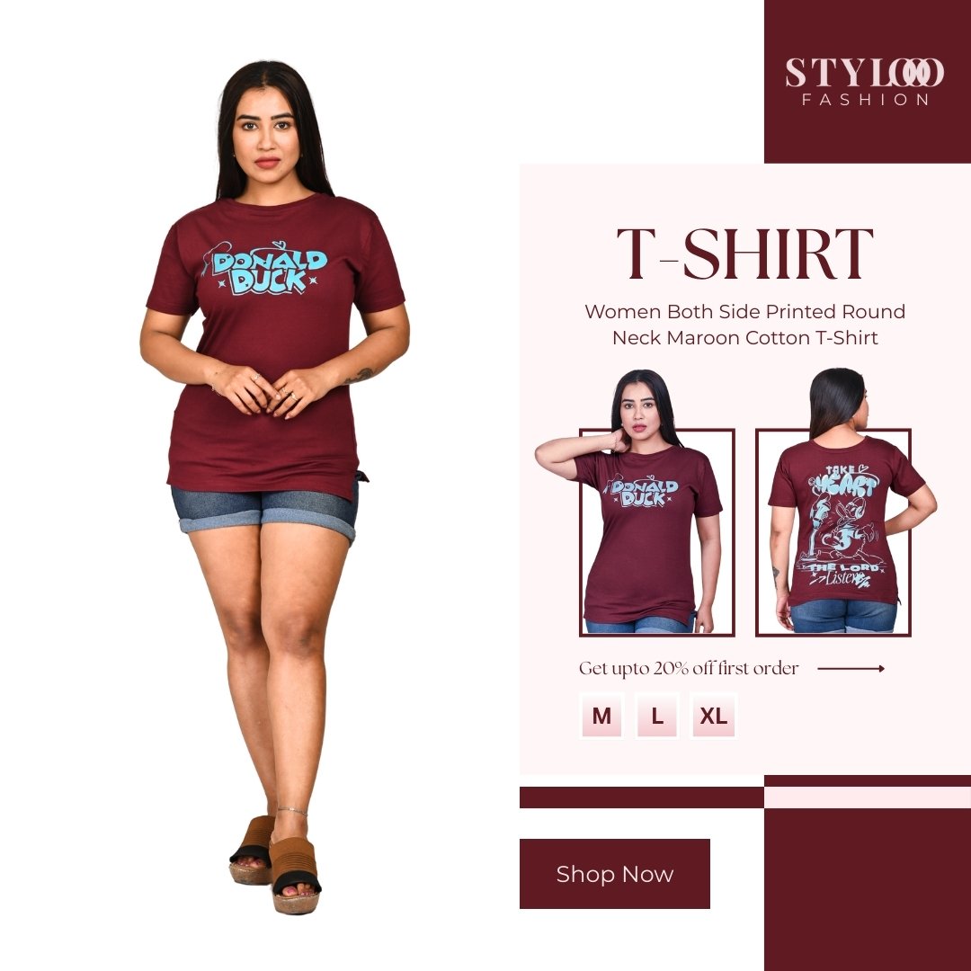 Women Both Side Printed Round Neck Maroon Cotton T-Shirt (TSH-W-006)