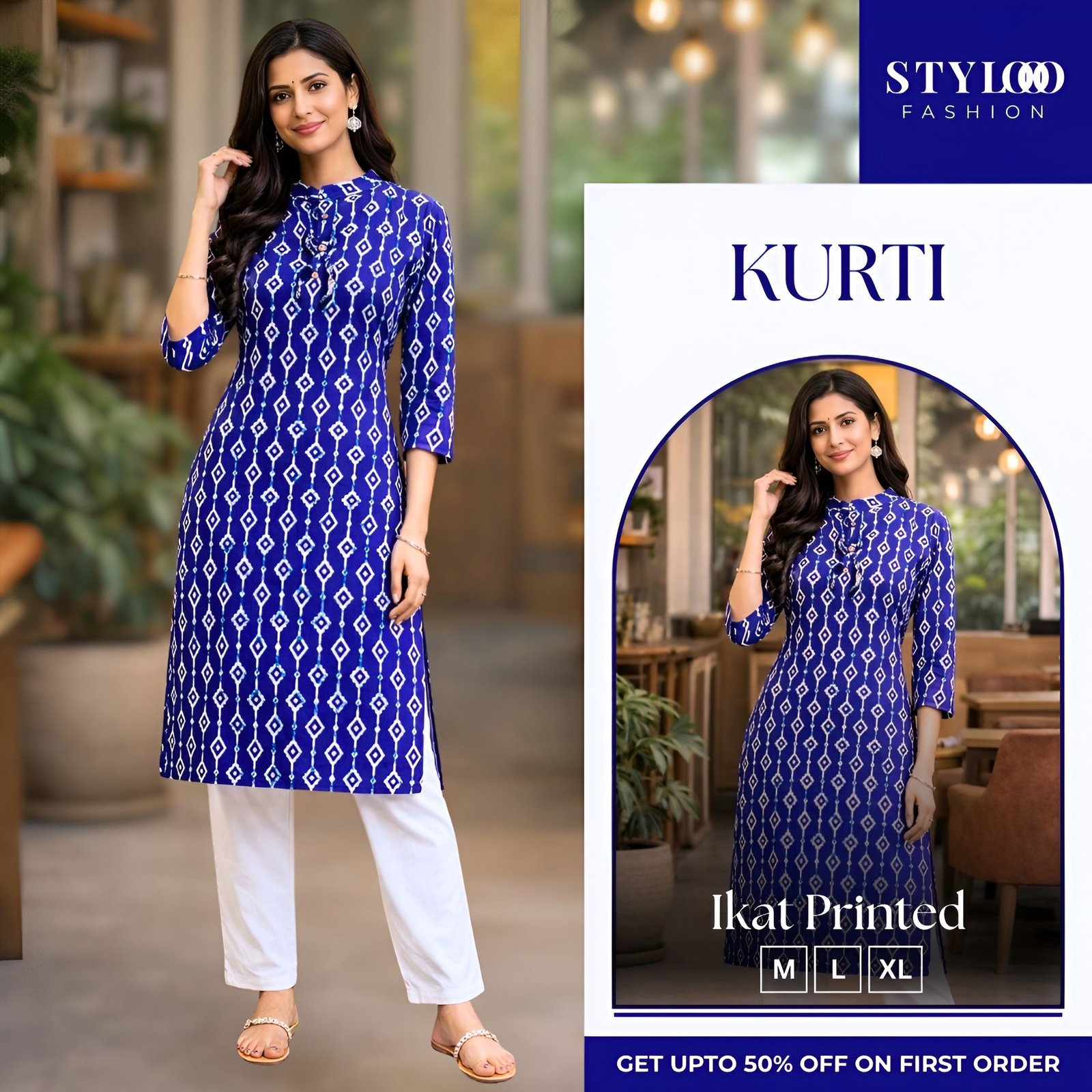 Women Blue Ikat Printed Straight Kurti (LKTS-W-010)