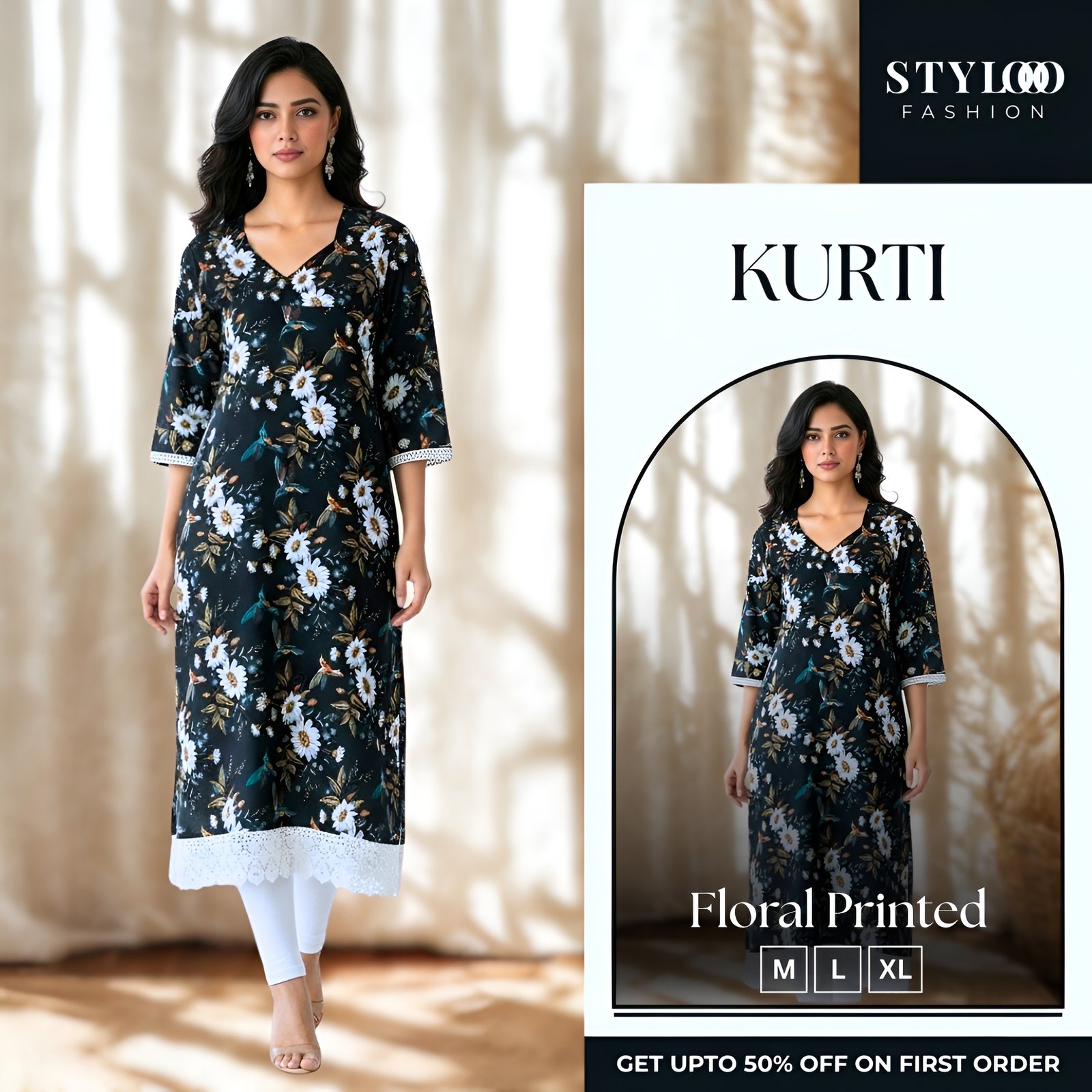 Women’s Black Floral Printed Straight Kurti with Lace Hem (LKTS-W-005)