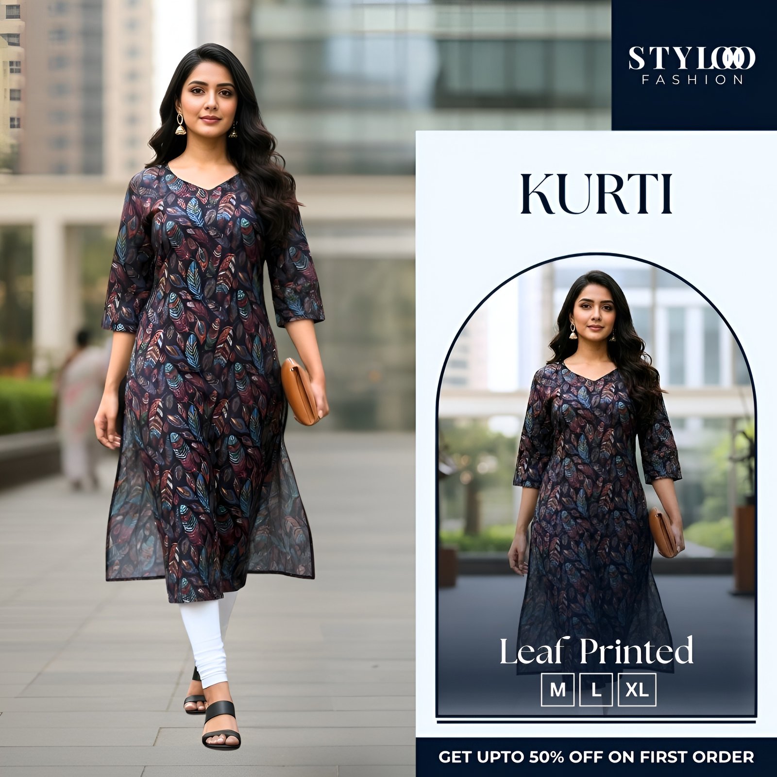 Women Black Leaf Printed A-Line Kurti (LKTS-W-006)