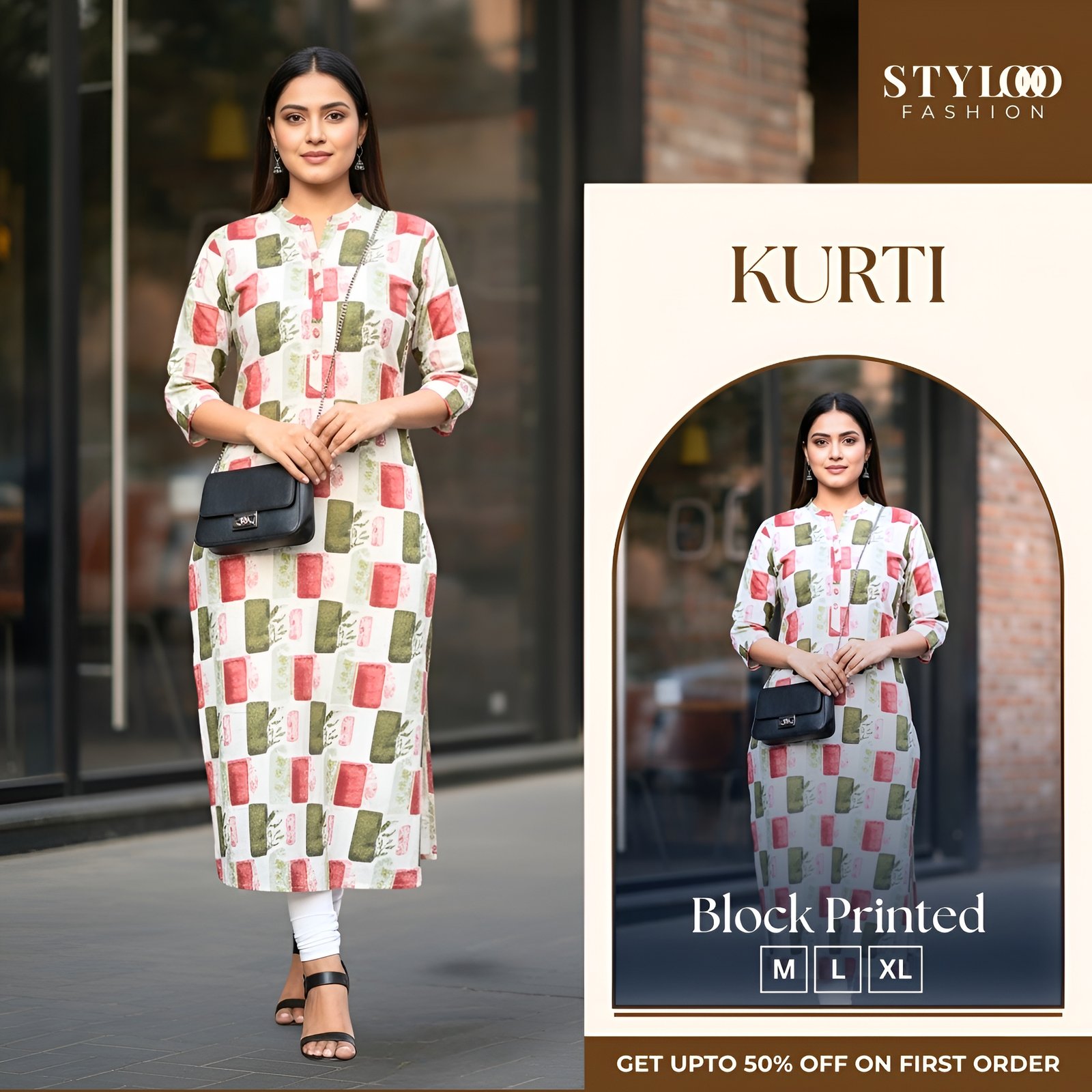 Women Multi-color Block Print Mandarin Collar Straight Kurta (LKTS-W-002)