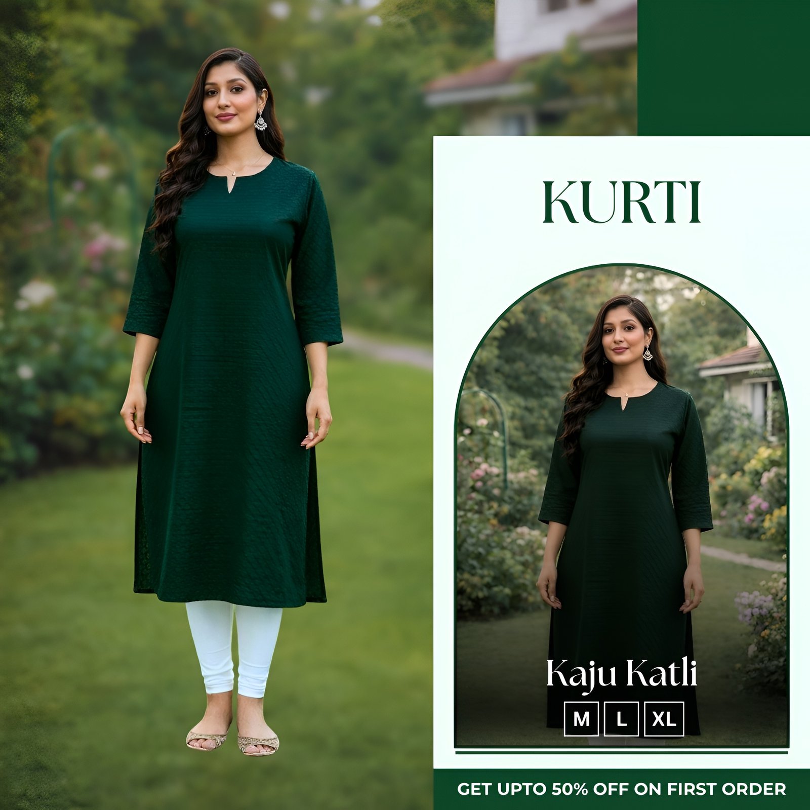 Women Dark Bottle Green Rayon Kaju Katli Print Straight Kurti (LKTS-W-013)
