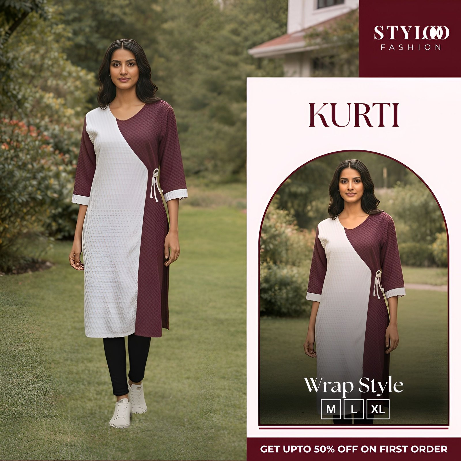 Women Maroon & White Colorblock Wrap Style Straight Kurti (LKTS-W-014)
