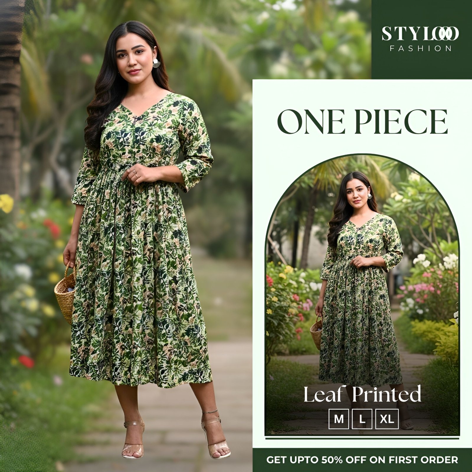 Women Green & White Leaf Printed V-Neck 3/4 Sleeve A-Line One Piece (SGWN-W-013)