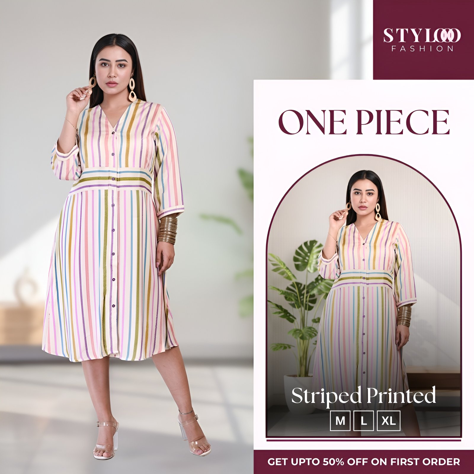 Women Multicolor Striped V-Neck 3/4 Sleeve A-Line One Piece (SGWN-W-014)