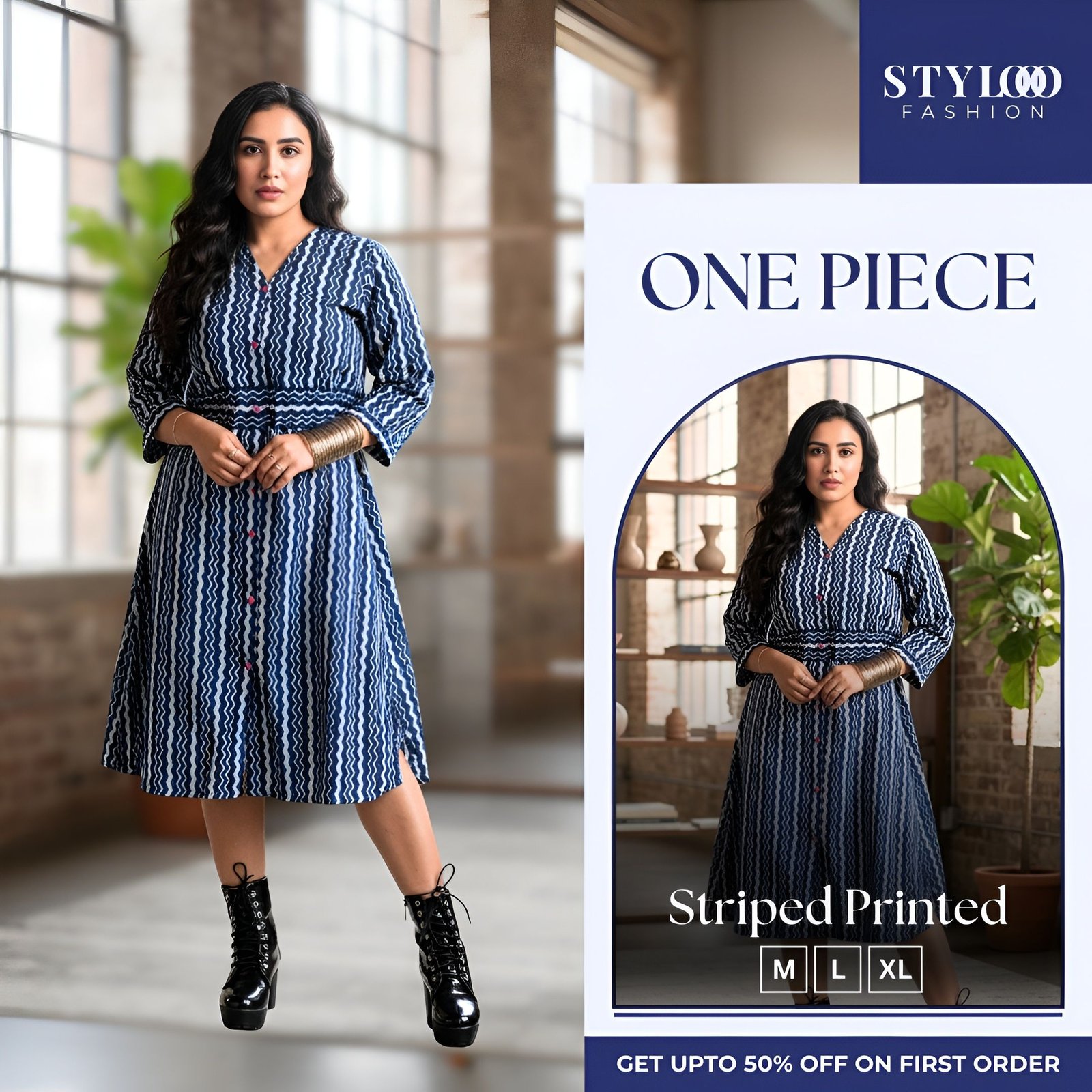 Women Blue & White Ikat Printed V-Neck A-Line Belted One Piece (SGWN-W-012)