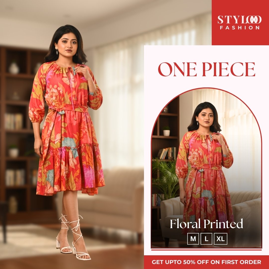 Women Red & Multicolor Floral Printed Tiered A-Line One Piece (SGWN-W-007)