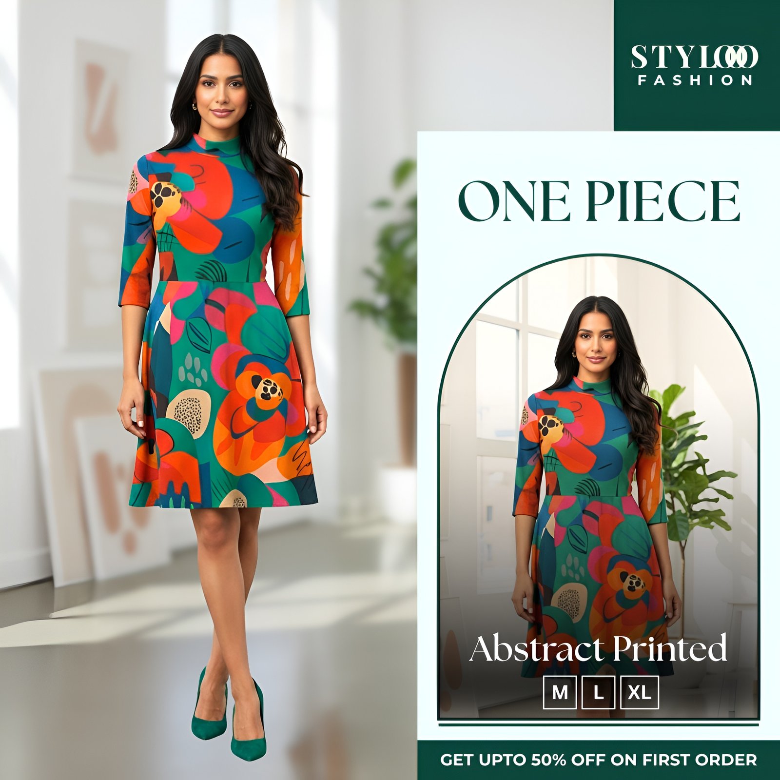 Women Multicolor Abstract & Floral Printed Mock Neck 3/4 Sleeve A-Line One Piece (SGWN-W-021)