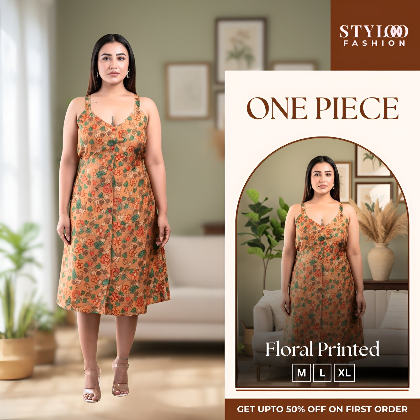 Women Brown & Multicolor Floral Printed Sleeveless V-Neck A-Line One Piece (SGWN-W-011)