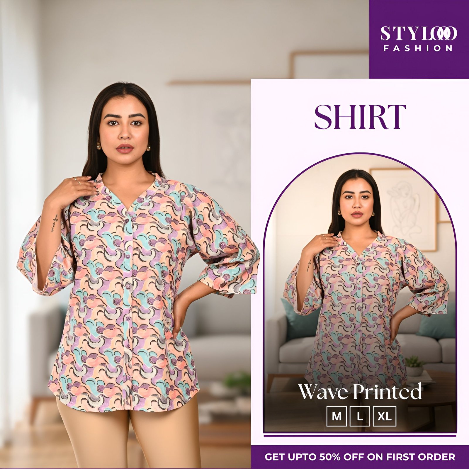 Women Multicolor Pastel Swirl Printed V-Neck 3/4 Sleeve Button-Down Tunic Top (SHT-W-012)