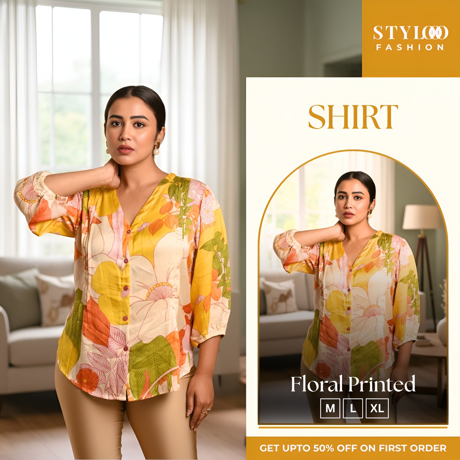 Women Yellow & Orange Floral Printed V-Neck 3/4 Sleeve Pleated Shirt (SHT-W-016)