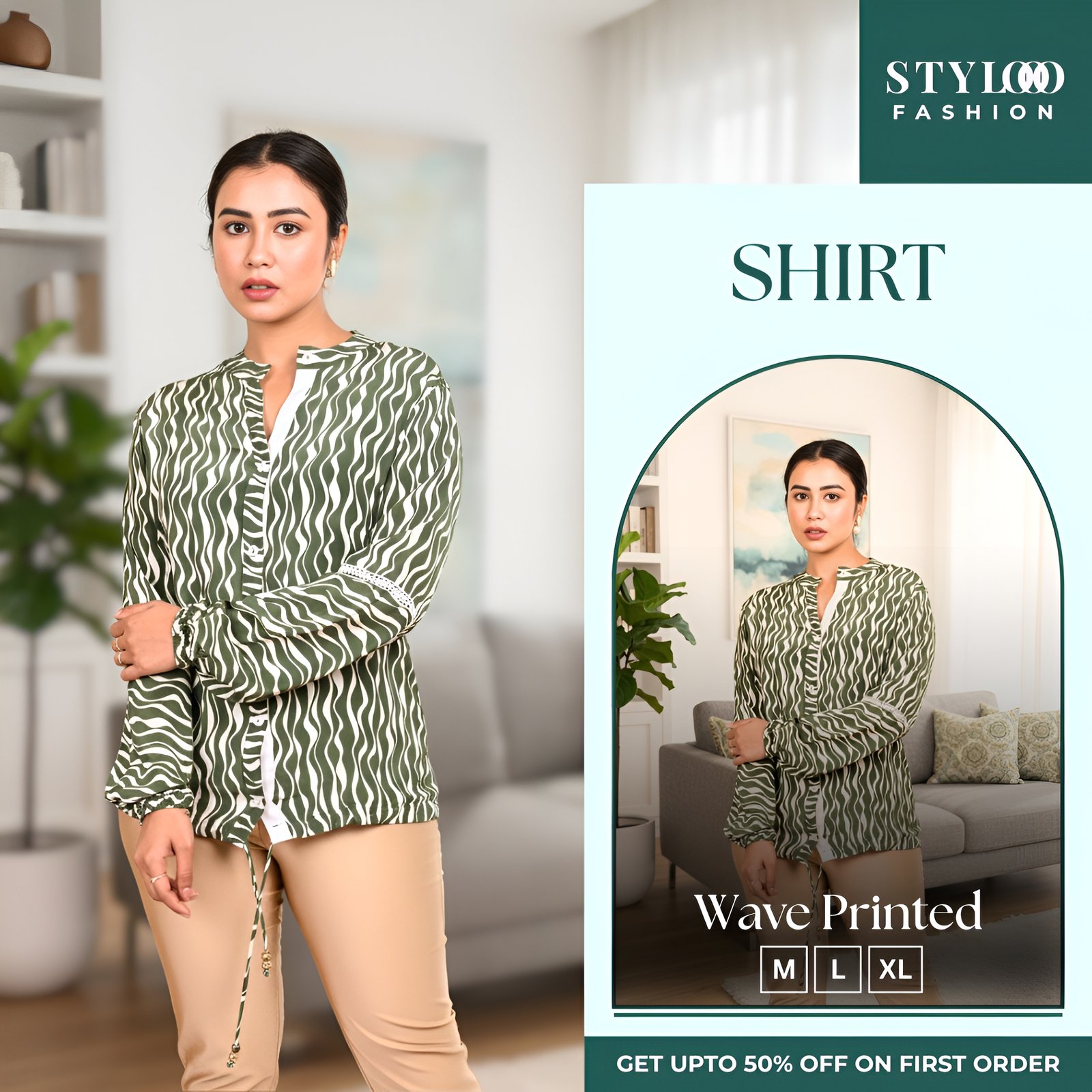  Women Green & White Wave Printed V-Neck 3/4 Sleeve Drawstring Waist Tunic Top (SHT-W-020)