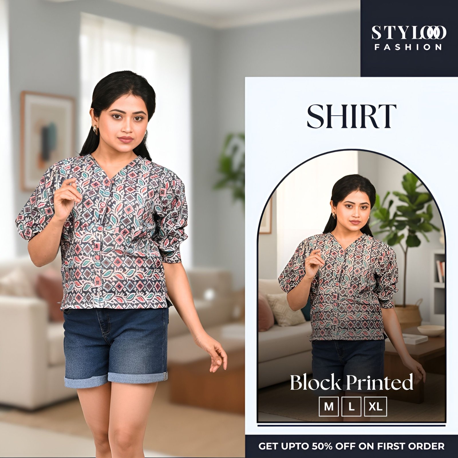 Women's Printed Cotton Puff Sleeve V-Neck Crop Top (SHT-W-026)