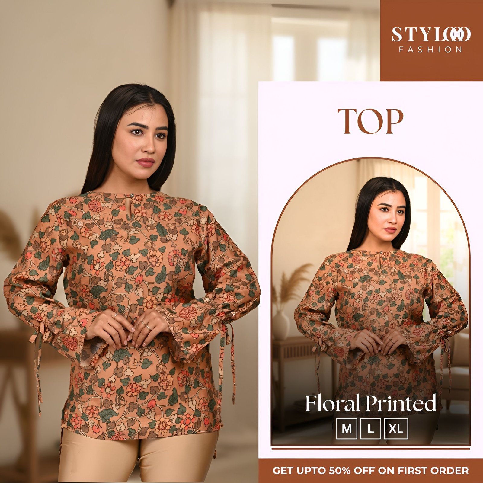 Stylooo Women Beige & Multicolor Floral Printed 3/4 Sleeve Tunic Top (TOP-W-008)