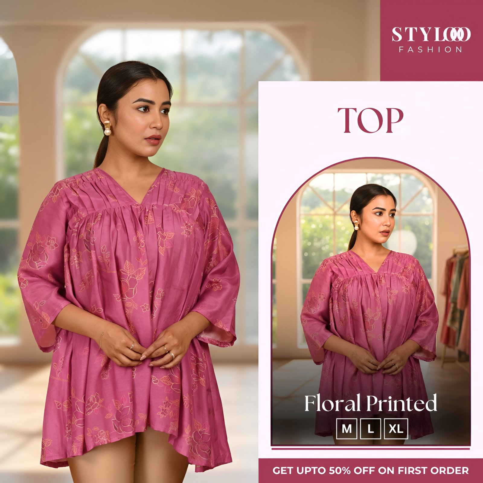 Women Magenta & Gold Floral Printed V-Neck 3/4 Sleeve A-Line Tunic (TOP-W-009)