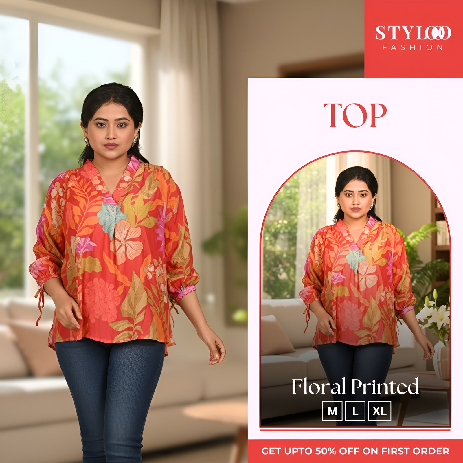 Women Red & Orange Floral Printed V-Neck 3/4 Sleeve Gathered Tunic Top (TOP-W-019)