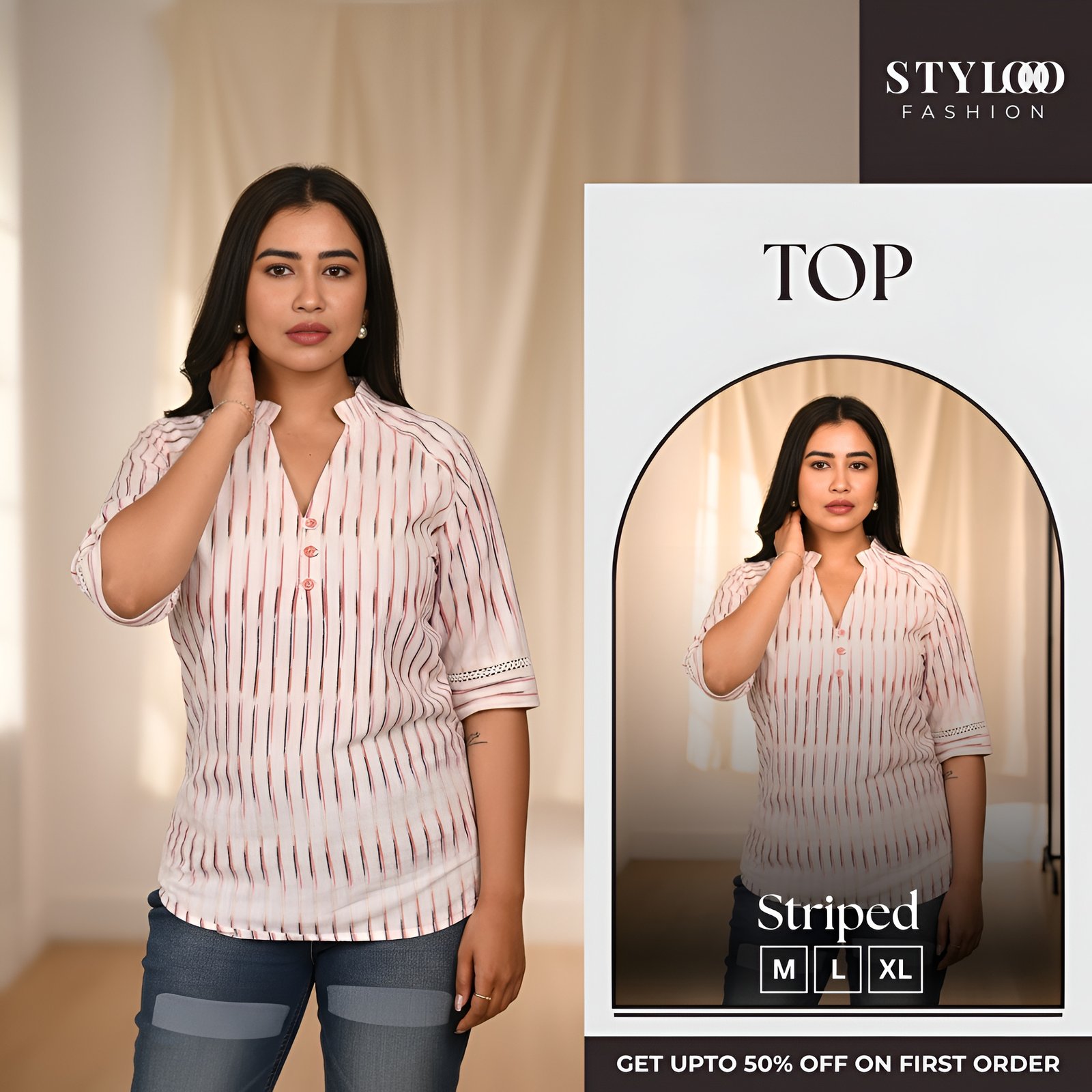 Women Striped Mandarin Collar Regular Top (TOP-W-028)