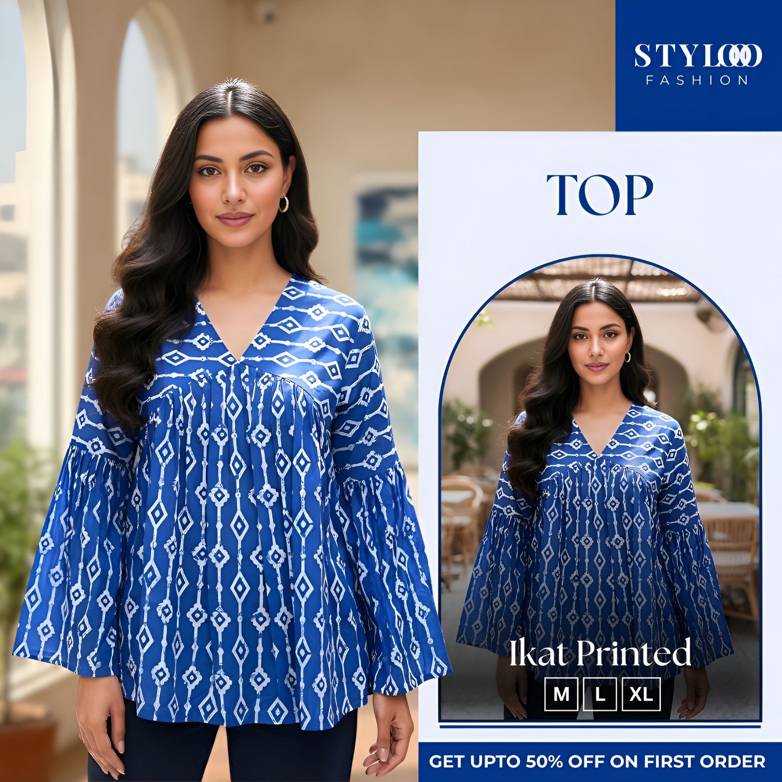 Women Ikat Print Cotton Indigo V-Neck Flared Top (TOP-W-031)