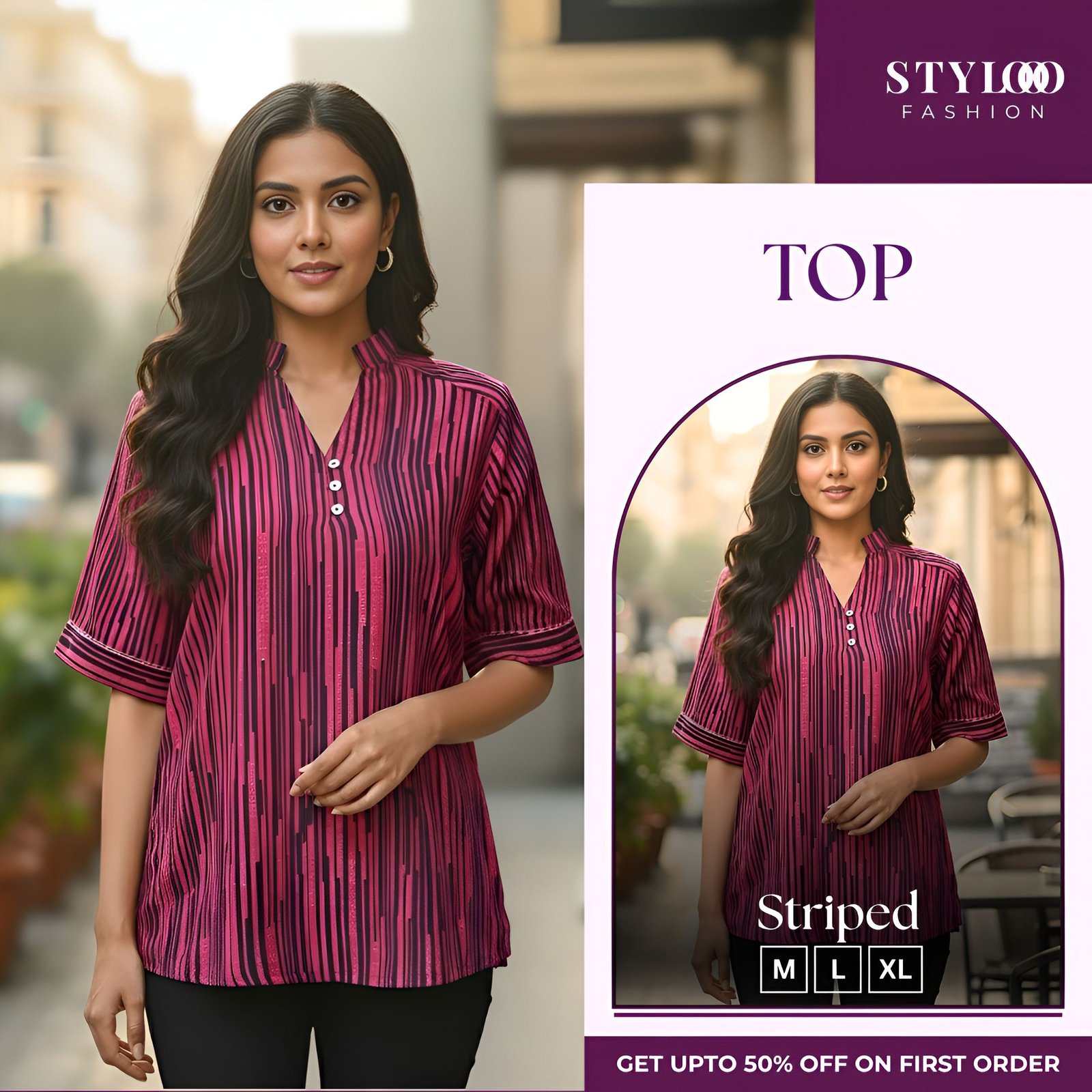 Women Maroon & Black Striped V-Neck 3/4 Sleeve Roll-Up Tunic Top (TOP-W-006)