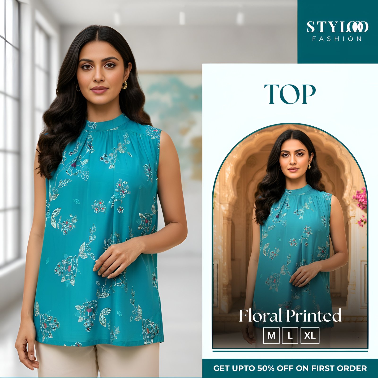 Women Teal Green Floral Printed A-Line Cap Sleeve High Neck Tunic Top (TOP-W-005)