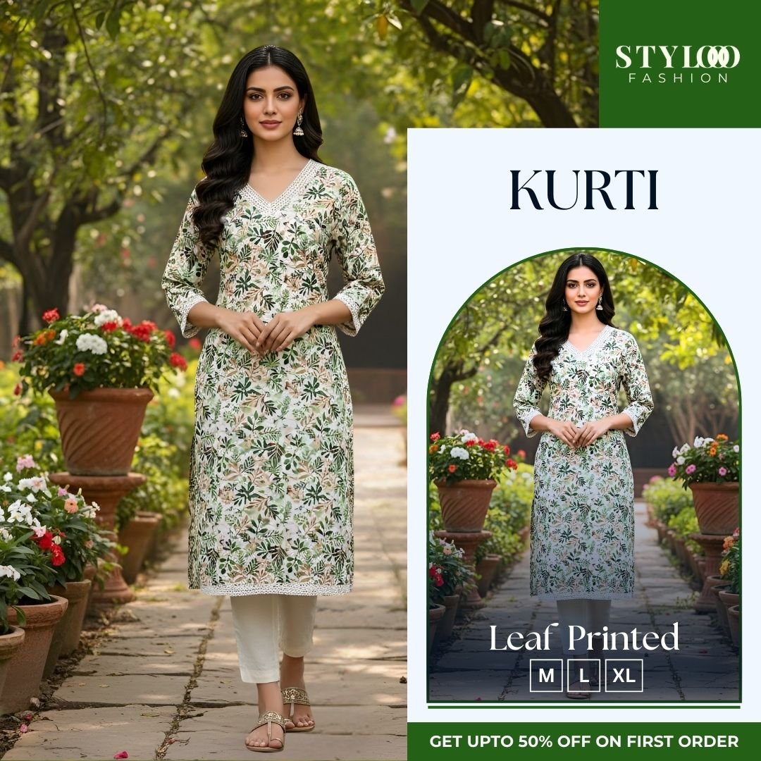 White and green leaf-print Straight kurta (LKTS-W-001)