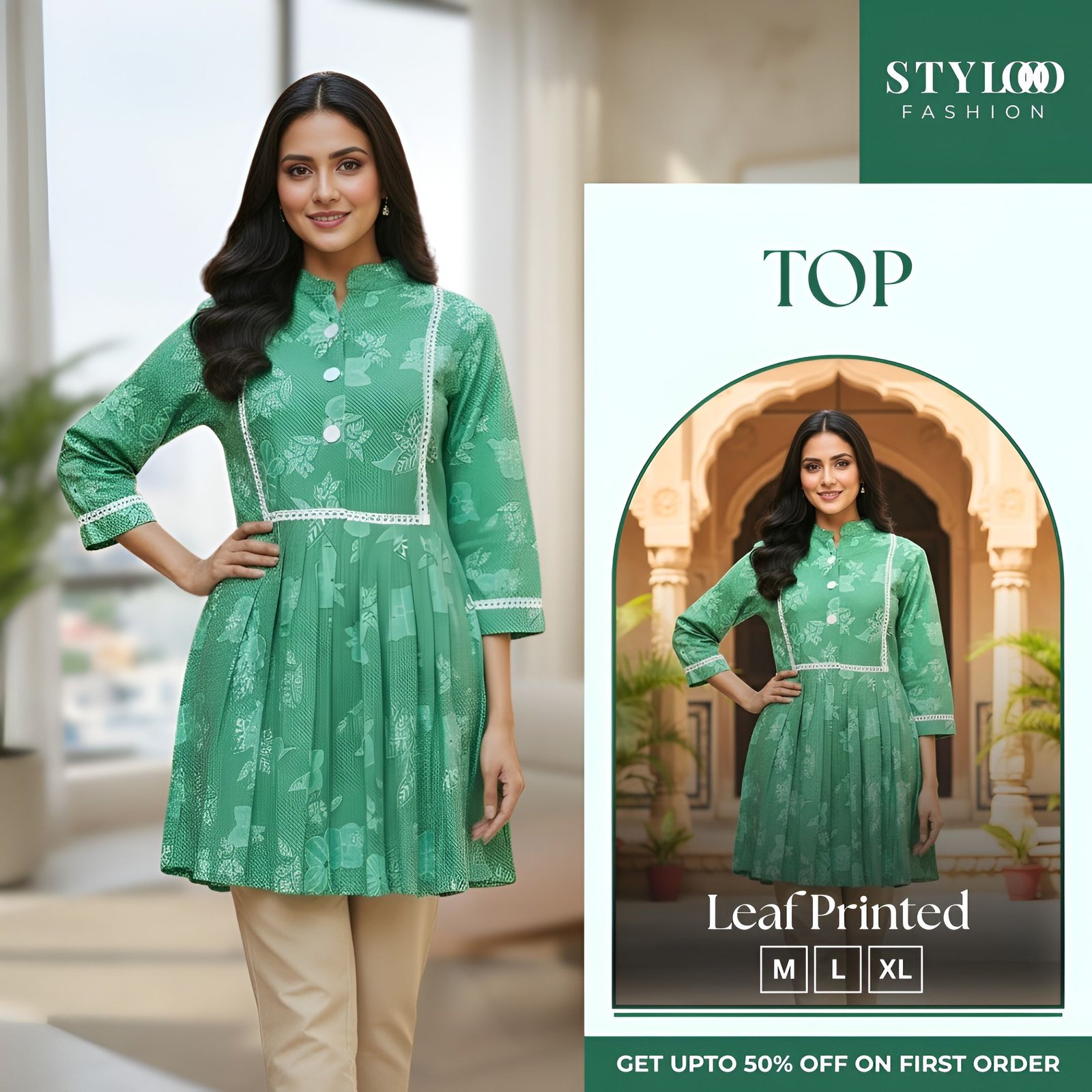 Women Green & White Printed A-Line Peplum Tunic Top with Lace Inserts (TOP-W-004)