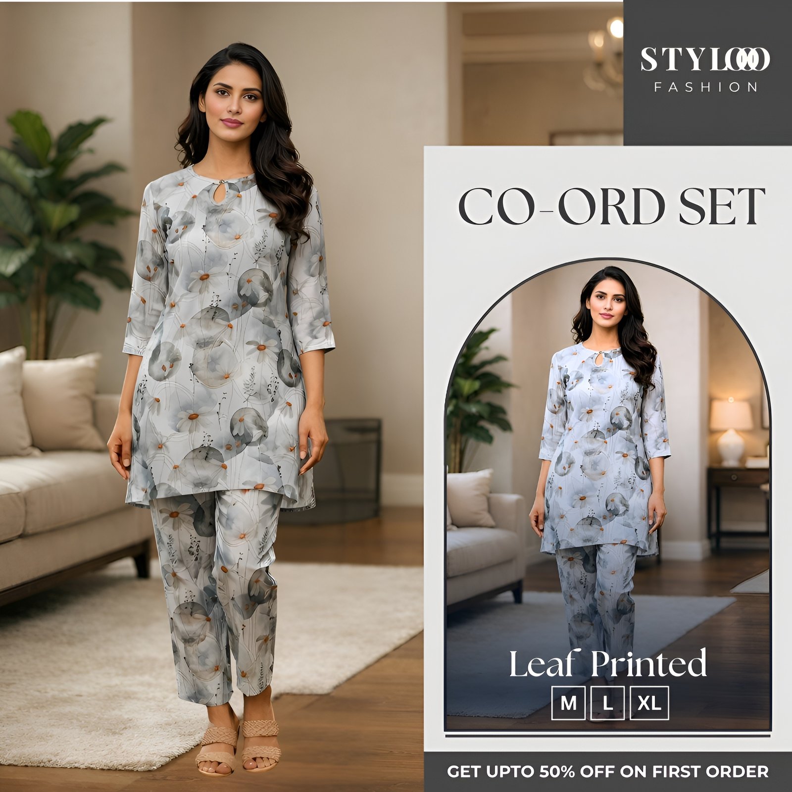 Women White & Grey Floral Printed Co-Ord Set (TBMS-W-004)