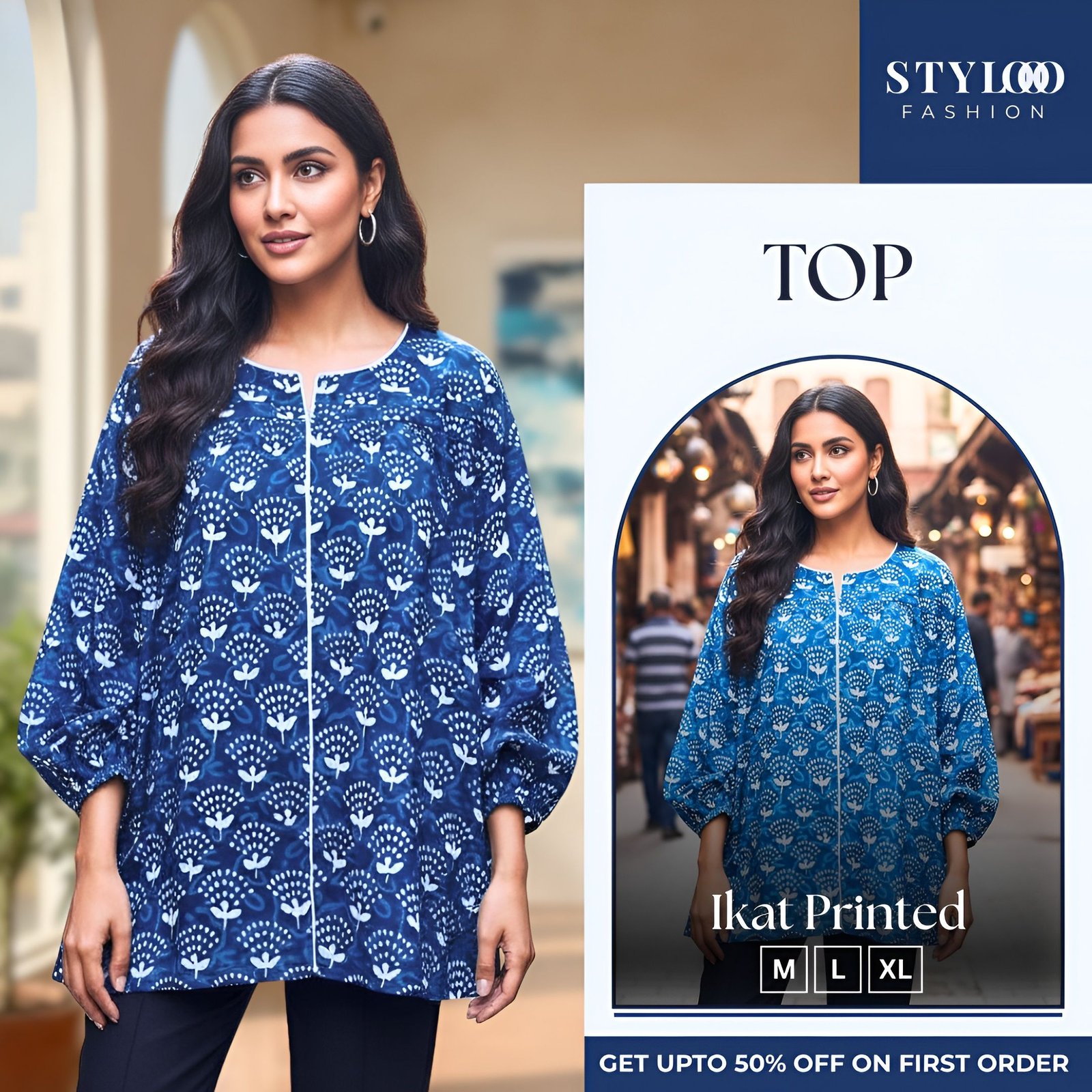Women’s Blue Printed A-Line Tunic Top with Puff Sleeves (TOP-W-032)