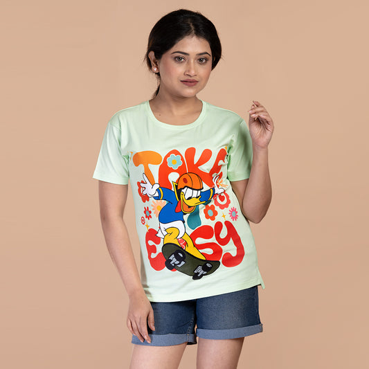 STYLOOO Women's Mint Green Donald Duck "Take Easy" Graphic T-Shirt - Skateboard Tee