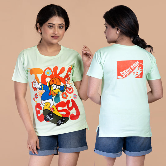 STYLOOO Women's Mint Green Donald Duck "Take Easy" Graphic T-Shirt - Skateboard Tee