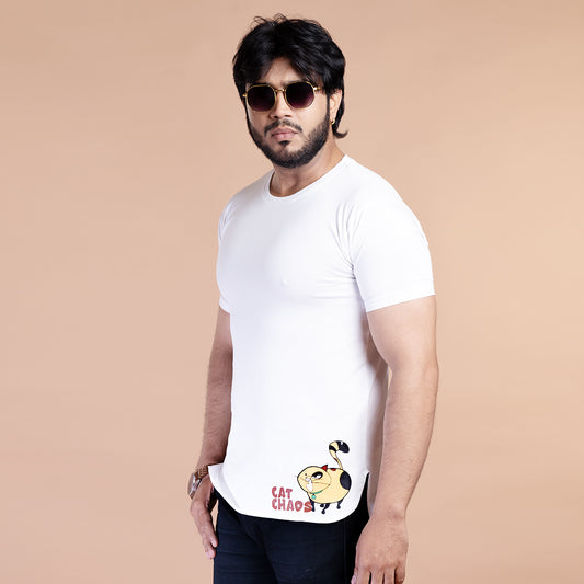 STYLOOO Men's White "Cat Chaos" Graphic T-Shirt - Funny Cartoon Cat Tee