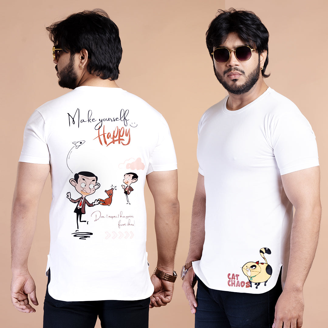 STYLOOO Men's White "Cat Chaos" Graphic T-Shirt - Funny Cartoon Cat Tee