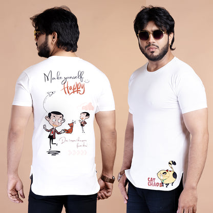 STYLOOO Men's White "Cat Chaos" Graphic T-Shirt - Funny Cartoon Cat Tee