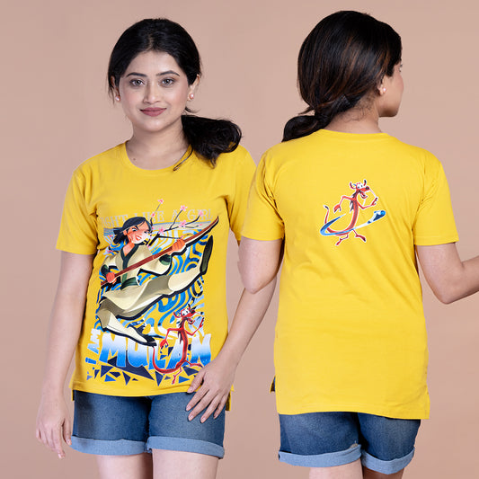 STYLOOO Women's Yellow Mulan & Mushu Graphic T-Shirt - Disney Warrior Princess Tee