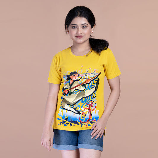 STYLOOO Women's Yellow Mulan & Mushu Graphic T-Shirt - Disney Warrior Princess Tee